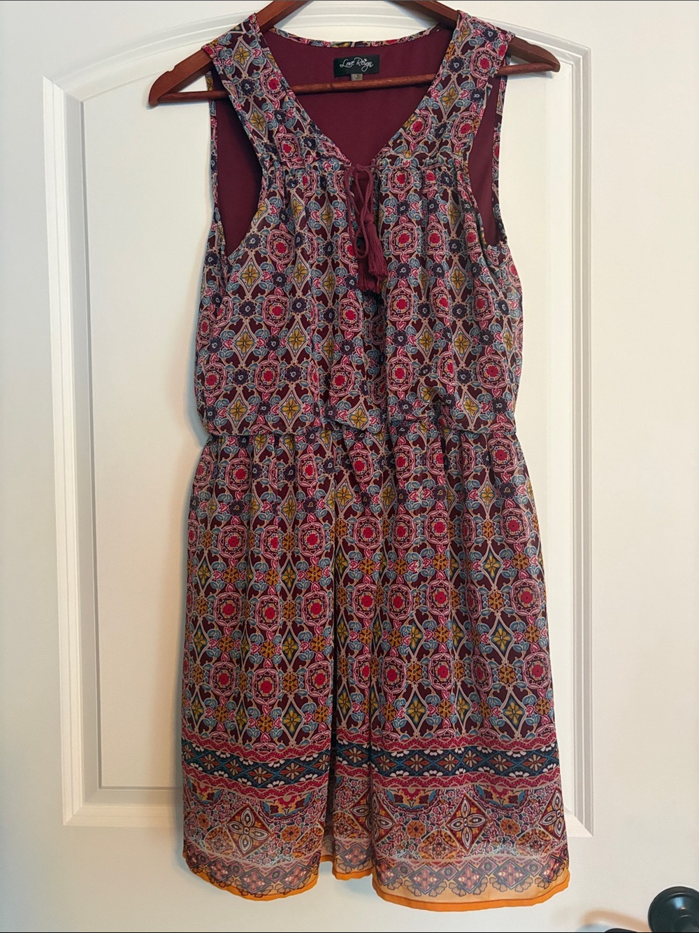 Sleeveless Midi Dress in Burgundy Multi - Tie-Neck Printed Dress